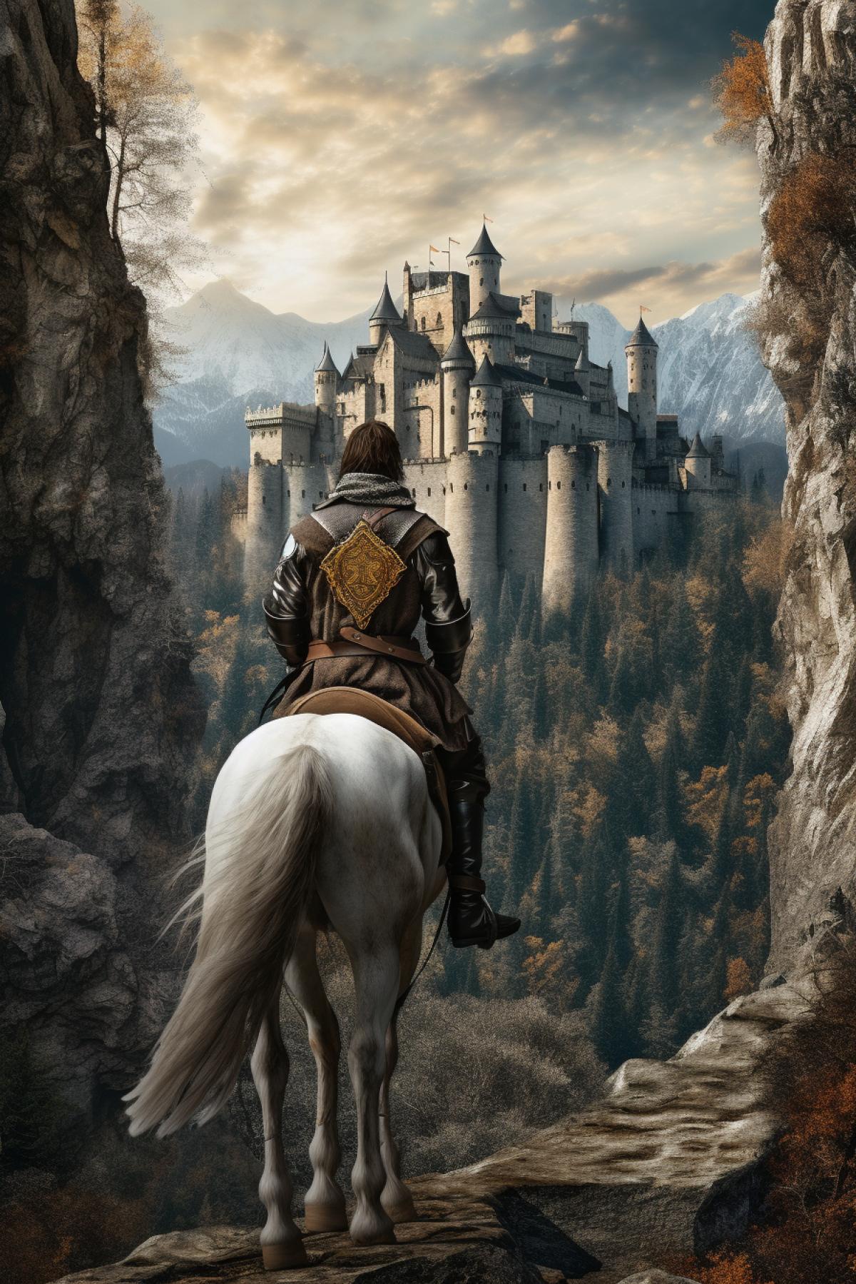knight with a banner in his hands on a horse walks along a mountain over an abyss, against the background of a forest with a medieval castle, beautiful light, hyper realism