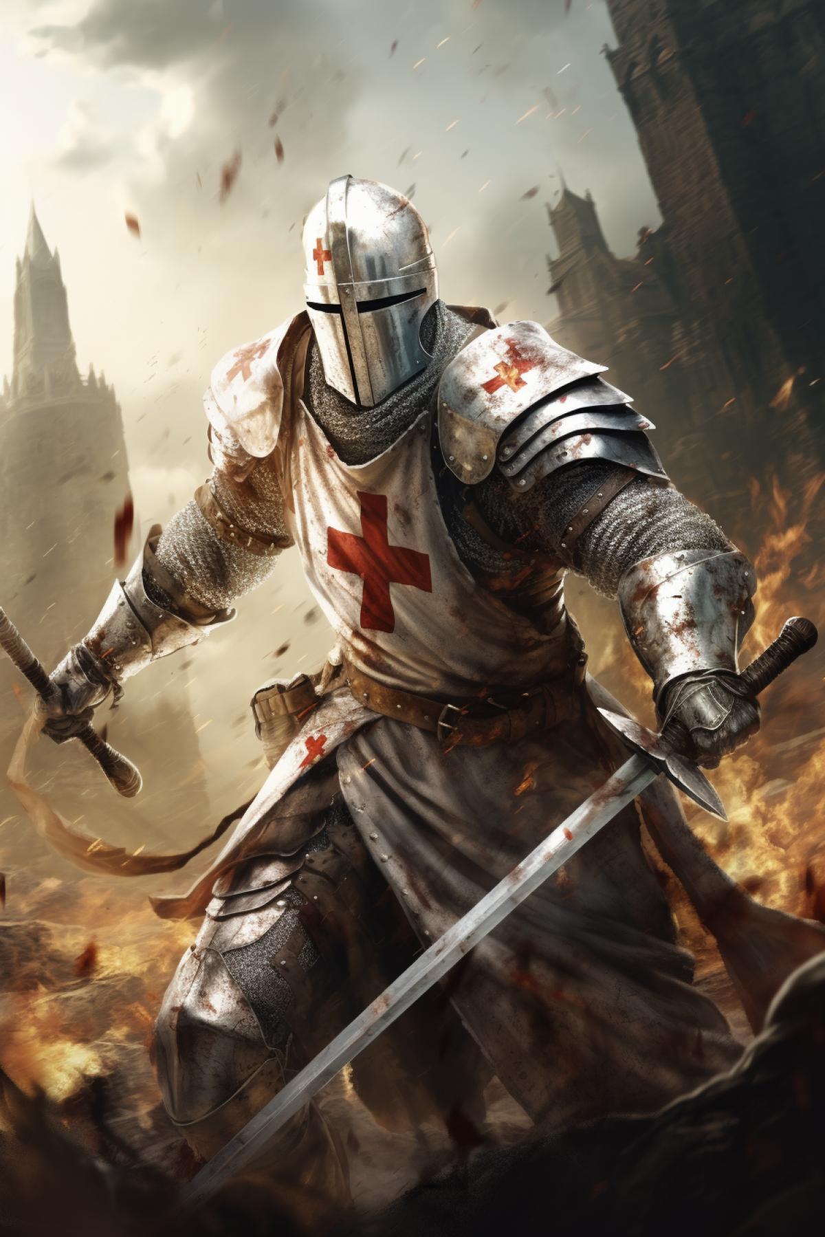 Realistic drawing of Knight Templar in attack 4k with his sword in a medieval battle, dynamic, epic, dramatic
