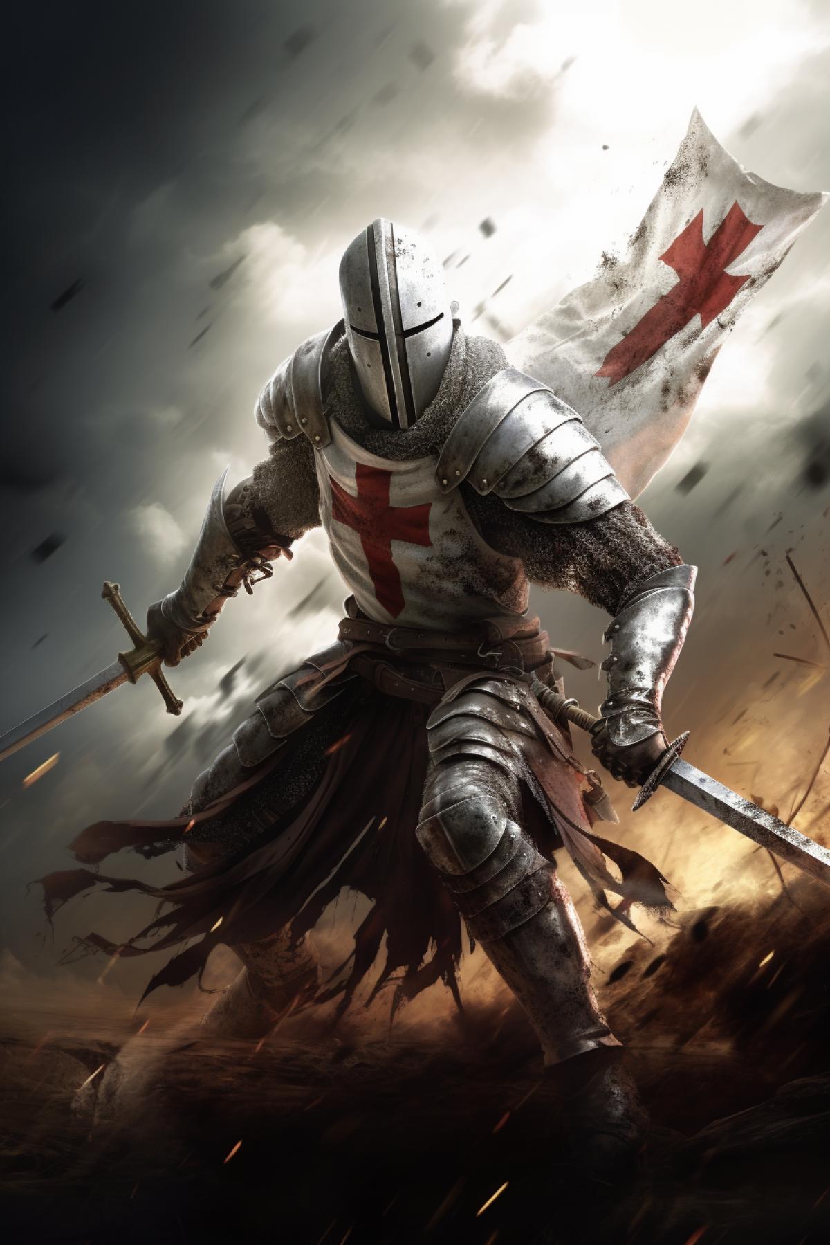 Realistic drawing of Knight Templar in attack 4k with his sword in a medieval battle, dynamic, epic, dramatic