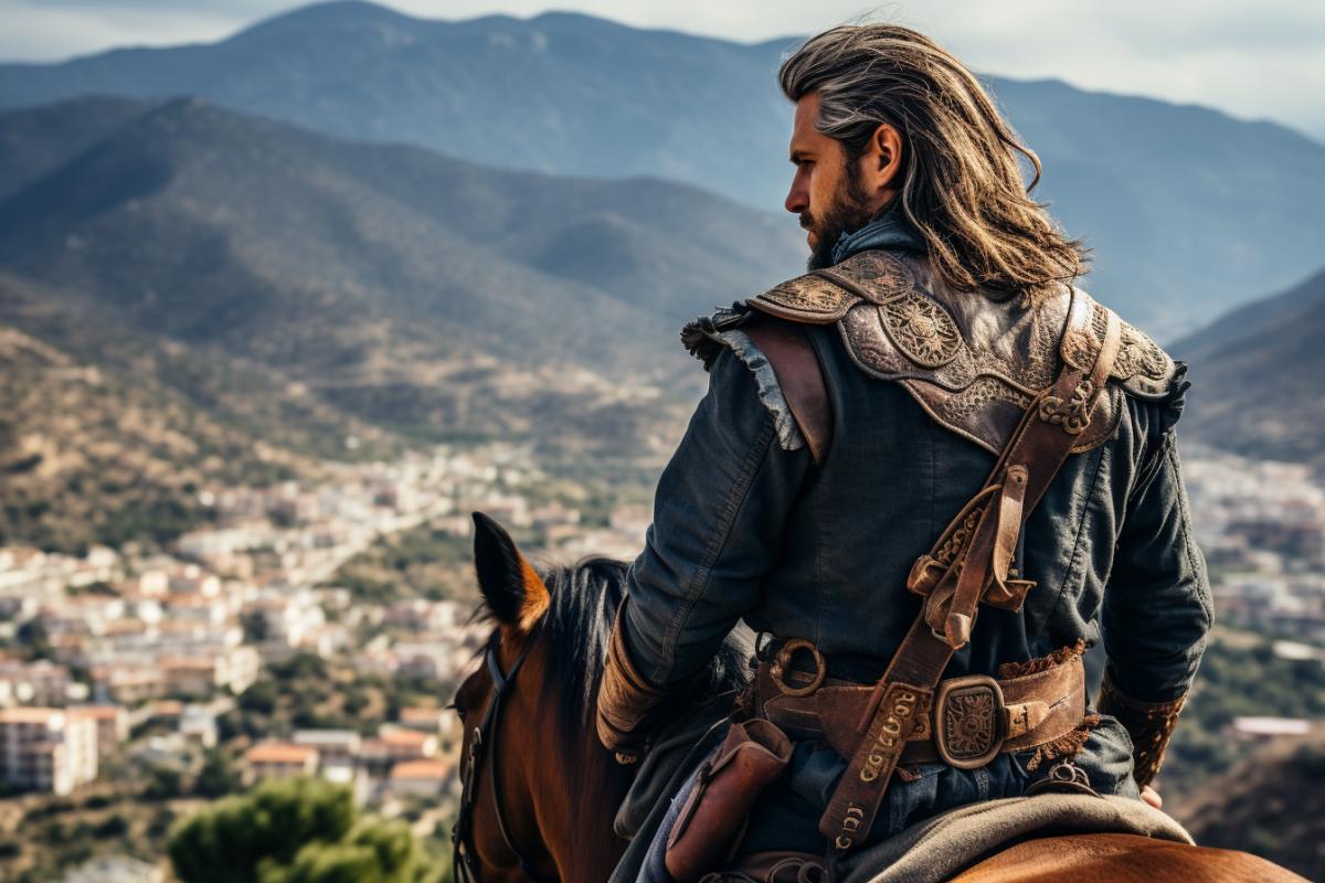 medieval knight in armor, riding a horse, on top of a hill, looking at an ancient castle in the distance
