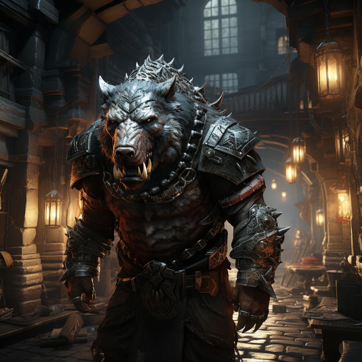 a powerful boar in knightly armor, with a battle axe, with a grinning face, preparing to strike
