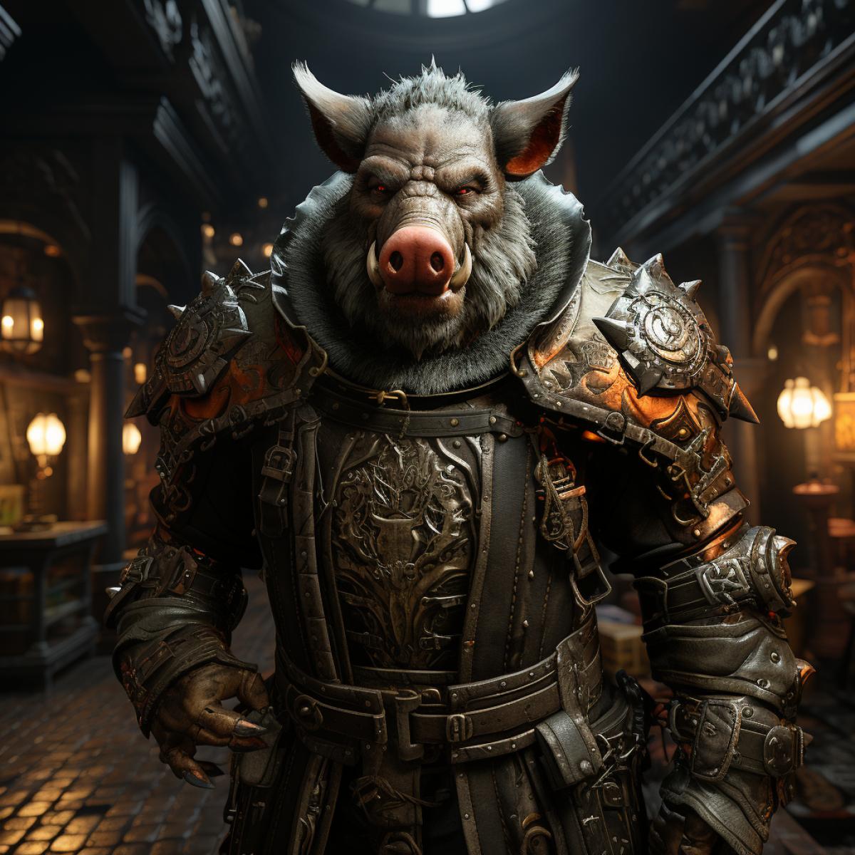 a powerful boar in knightly armor, with a battle axe, with a grinning face, preparing to strike