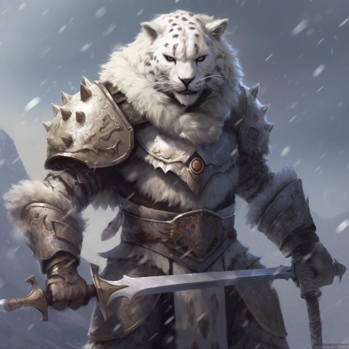 anthropomorphic snow leopard knight, in knights armor, in battle