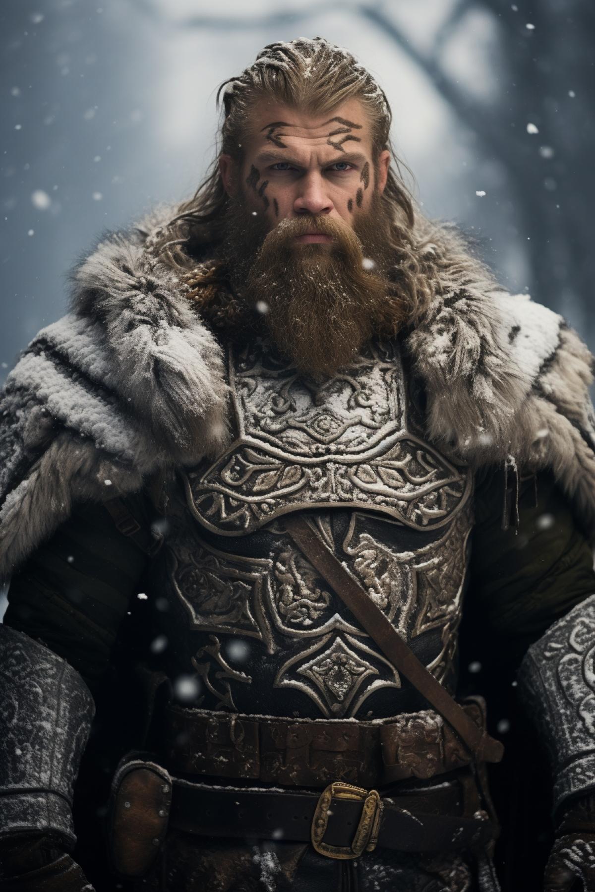 An imposing Russian bogatyr stands tall amidst a desolate, snow-covered landscape. He wears battle-worn armor adorned with intricate engravings and symbols. The heavy snowfall blankets the ground and his fur-lined cloak. His face bears the scars of countless battles, and his piercing eyes gleam with steely determination. The atmosphere is thick with a sense of ancient Slavic folklore, evoking the spirit of epic heroism and untamed power.