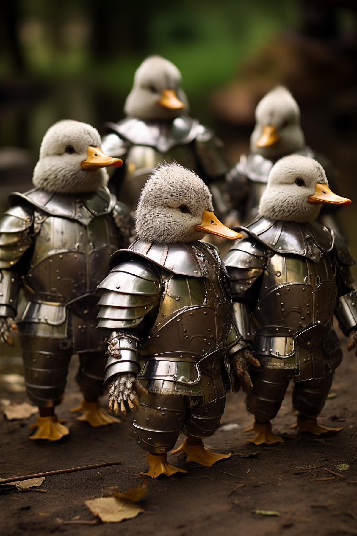 Momduck in medieval knights armour and several ducklings also wearing knights armour walking