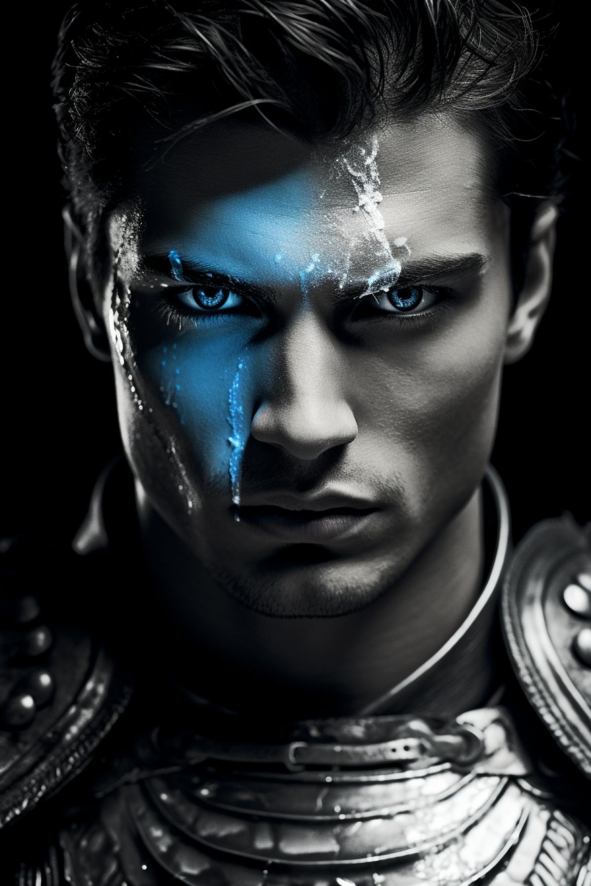 Create dark-and-white half-profile photo of handsome medieval knight wearing armour paint his big bright eyes light-blue color and make it shining eyes all the rest image keep dark-and-white