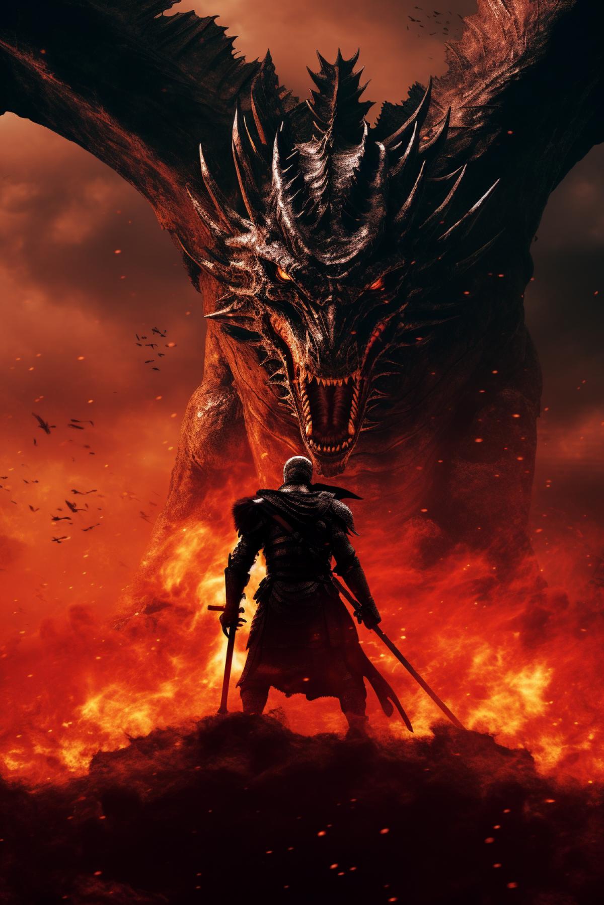 Medieval knight in epic 4k fighting against the giant firebreathing flying dragon use red high contrast palette