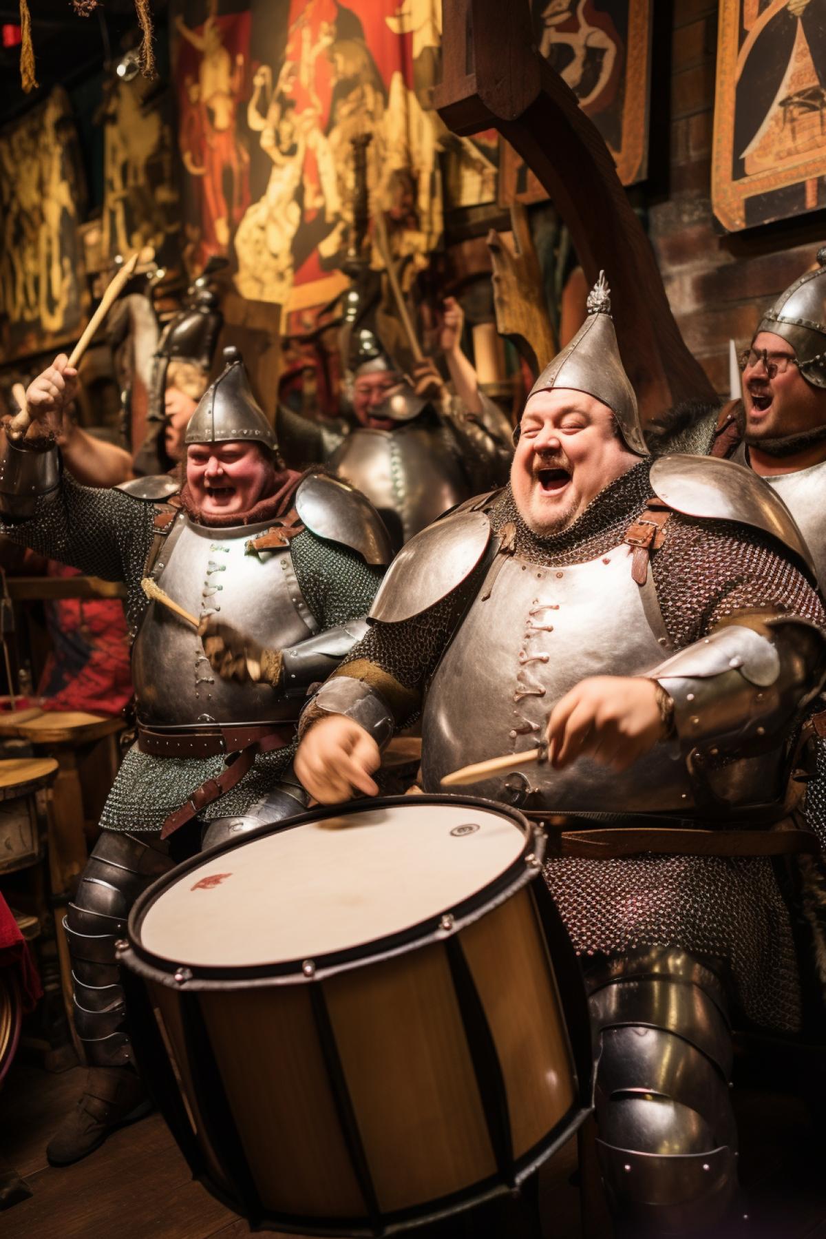 Fat and drunken medieval knights wearing armour dancing and playing various musical instruments