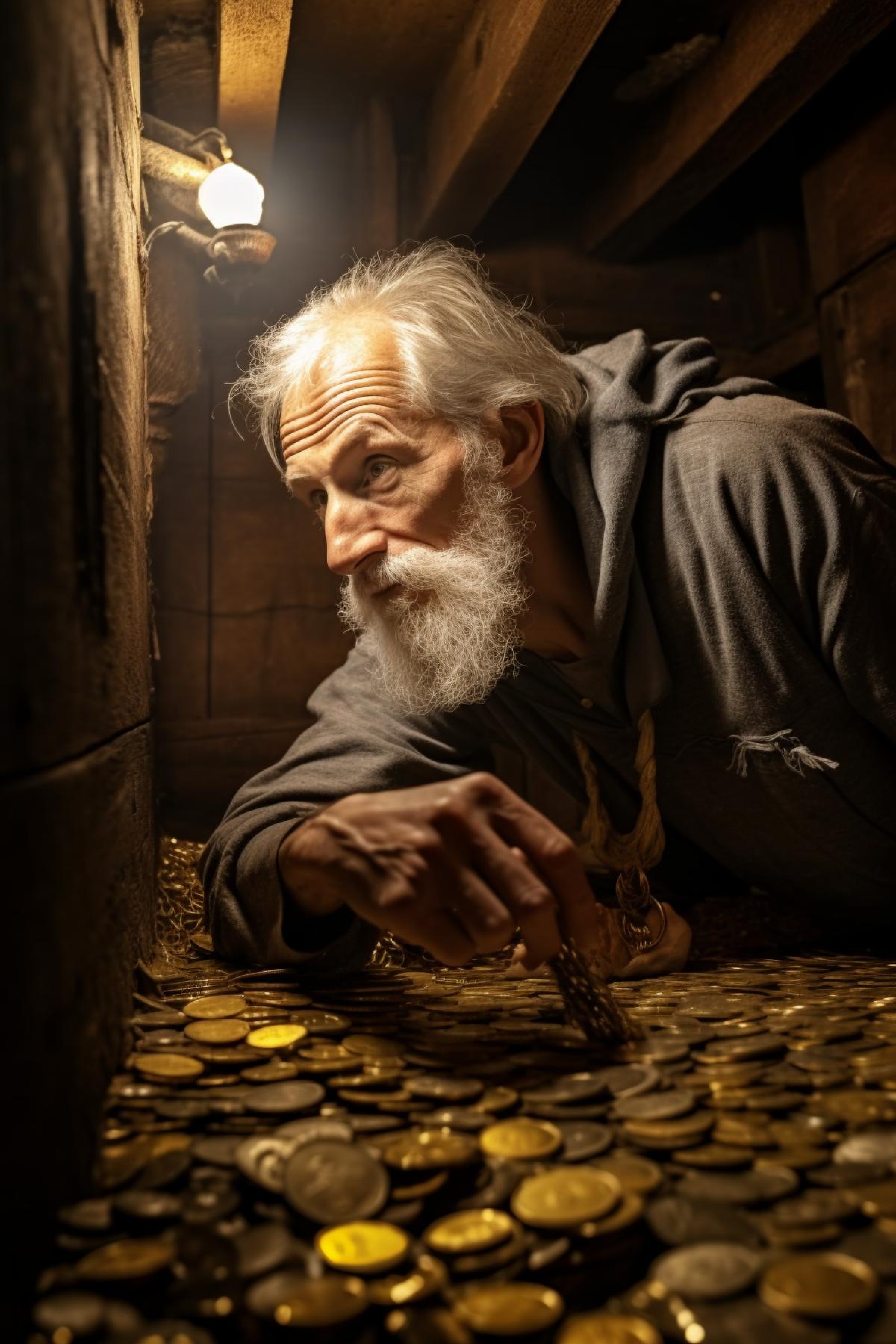 Old skinny medieval knight grey hair greedy face looks into the open wooden detailed full of golden coins and touching them interior of castle basement one small window near the ceiling