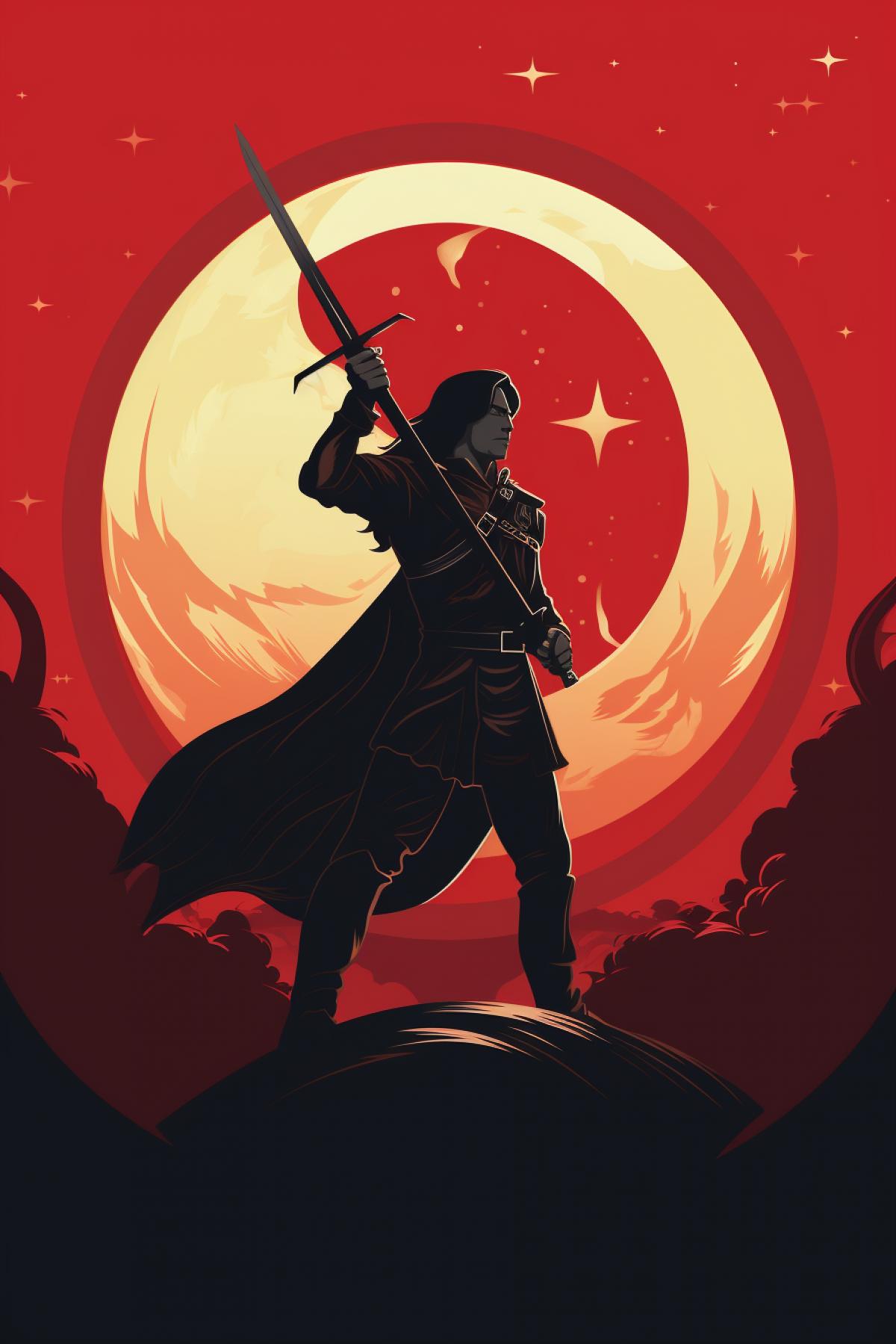 A knight with dark long hair from the Middle Ages raises a hammer and sickle against the background of the moon so that it looks like a USSR flag