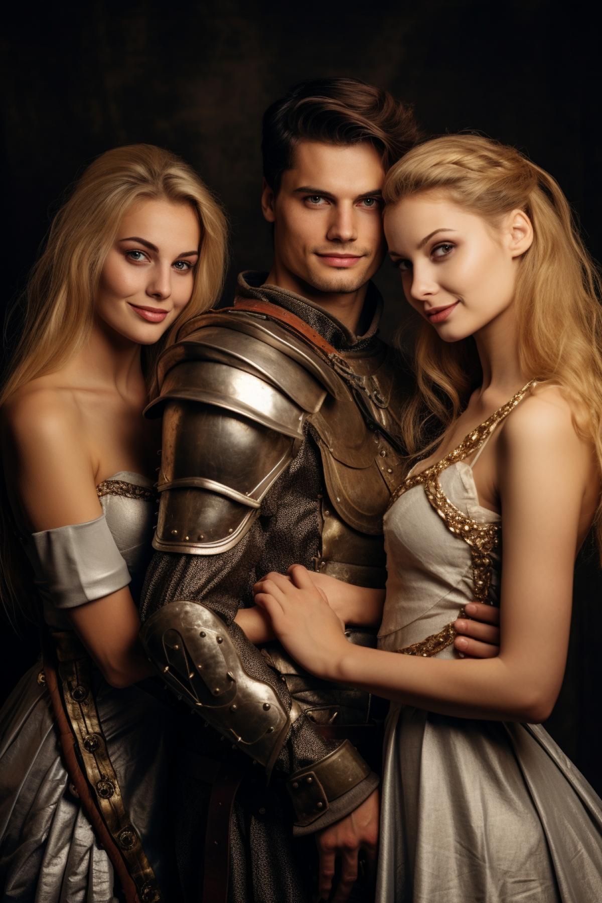 Three beautiful medieval ladies loving one handsome knight in armour