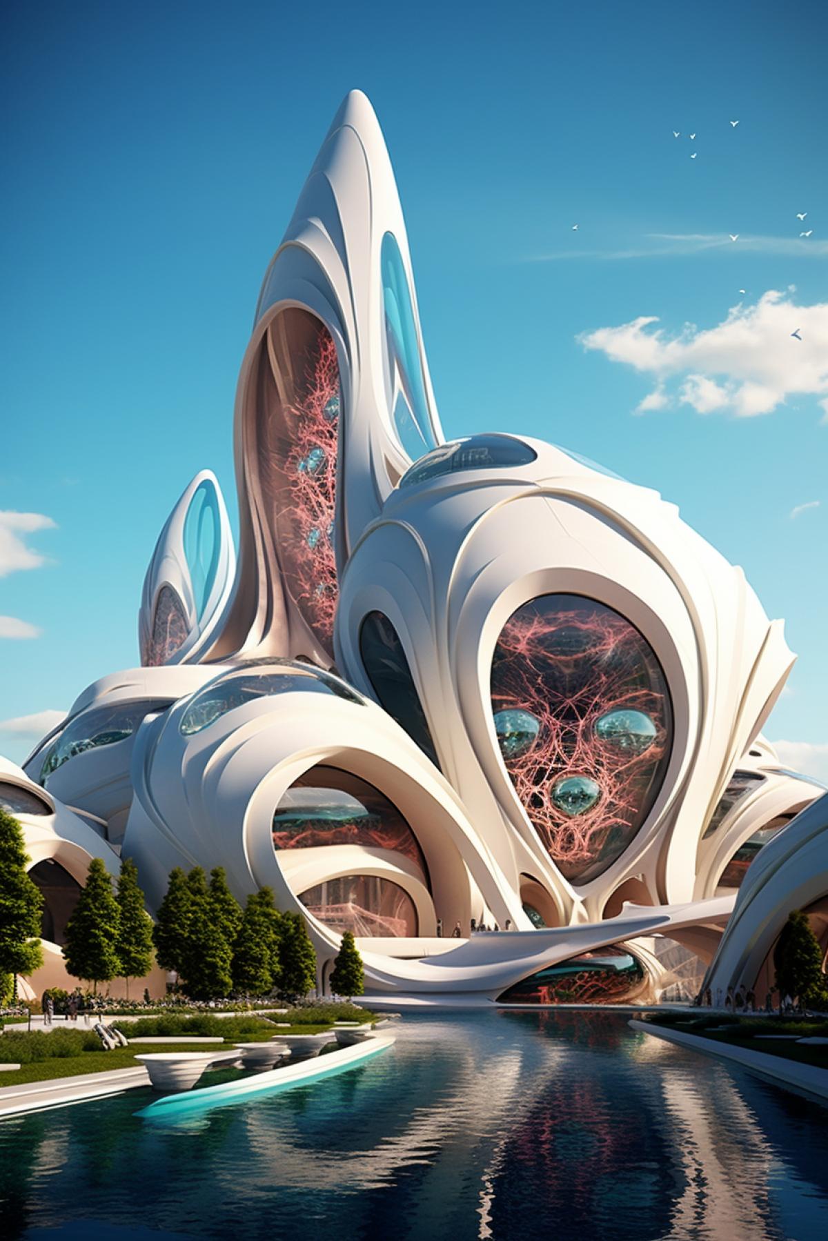 Futuristic building complex, future city style, surrealism architectural renderings, curvilinear architectural style, irregular organic form, ultra HD, Surrealism and realism renderings