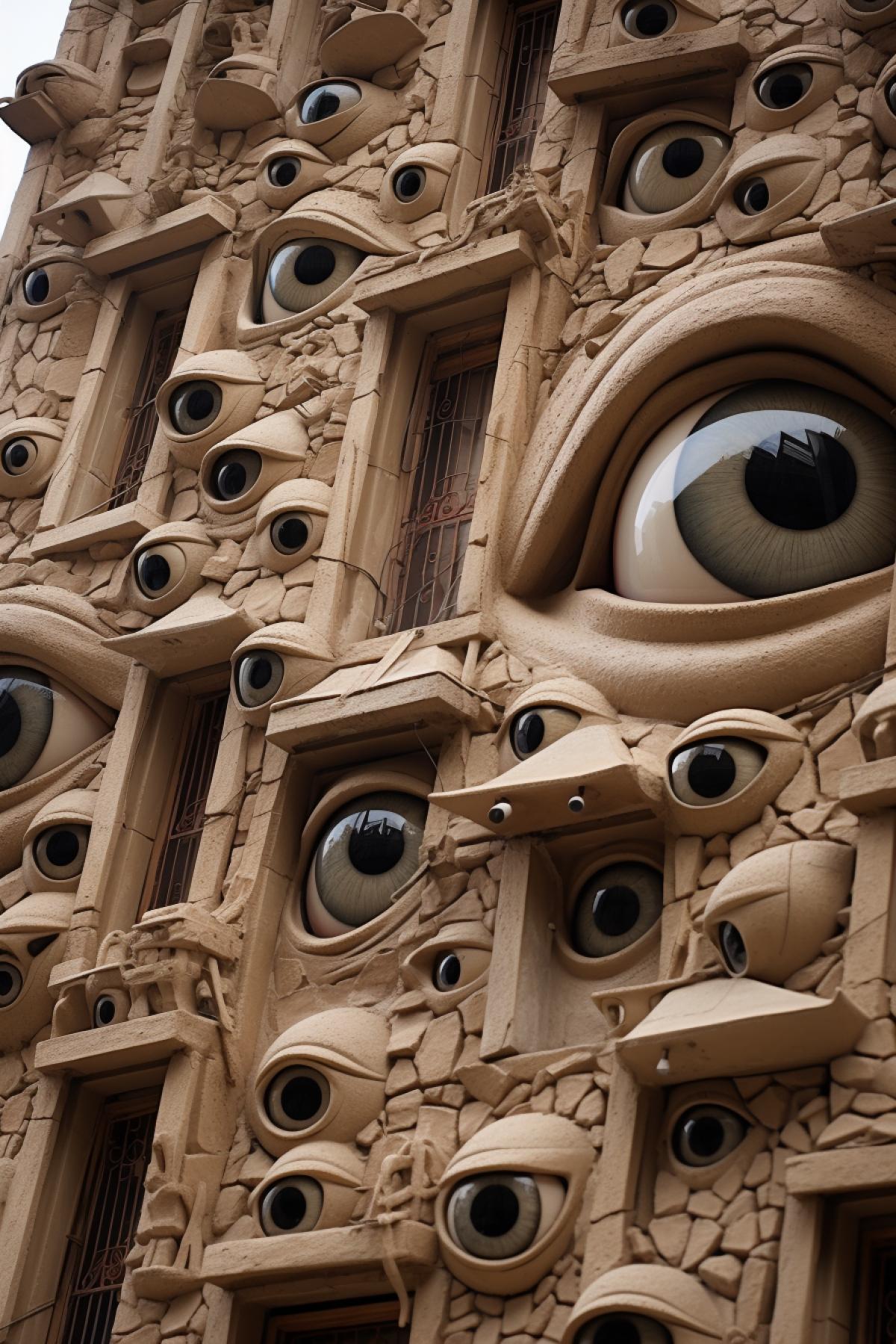 There are many eyes in the holes of the building