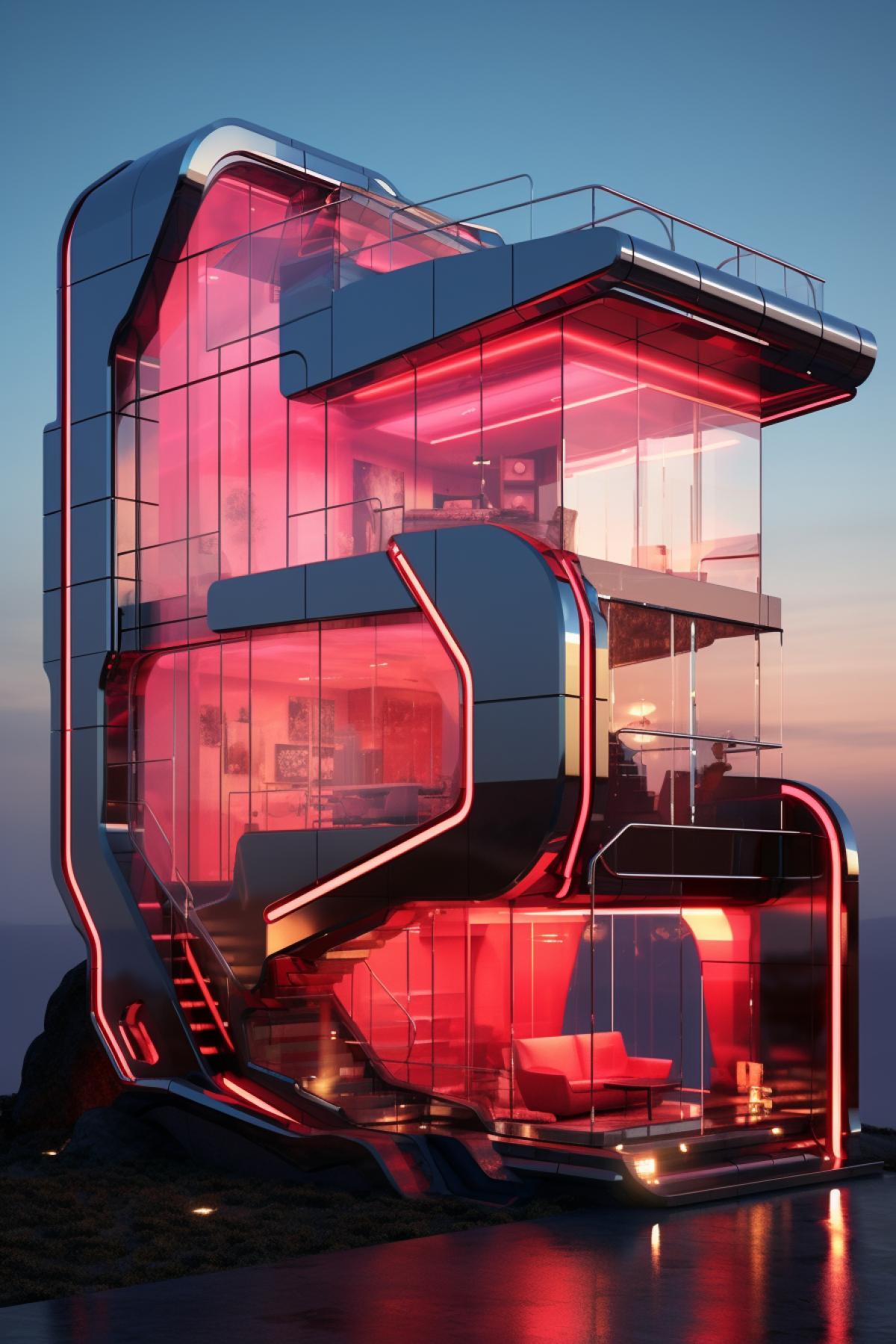 sharp metal bionic house of the future with red illumination, day, 8K