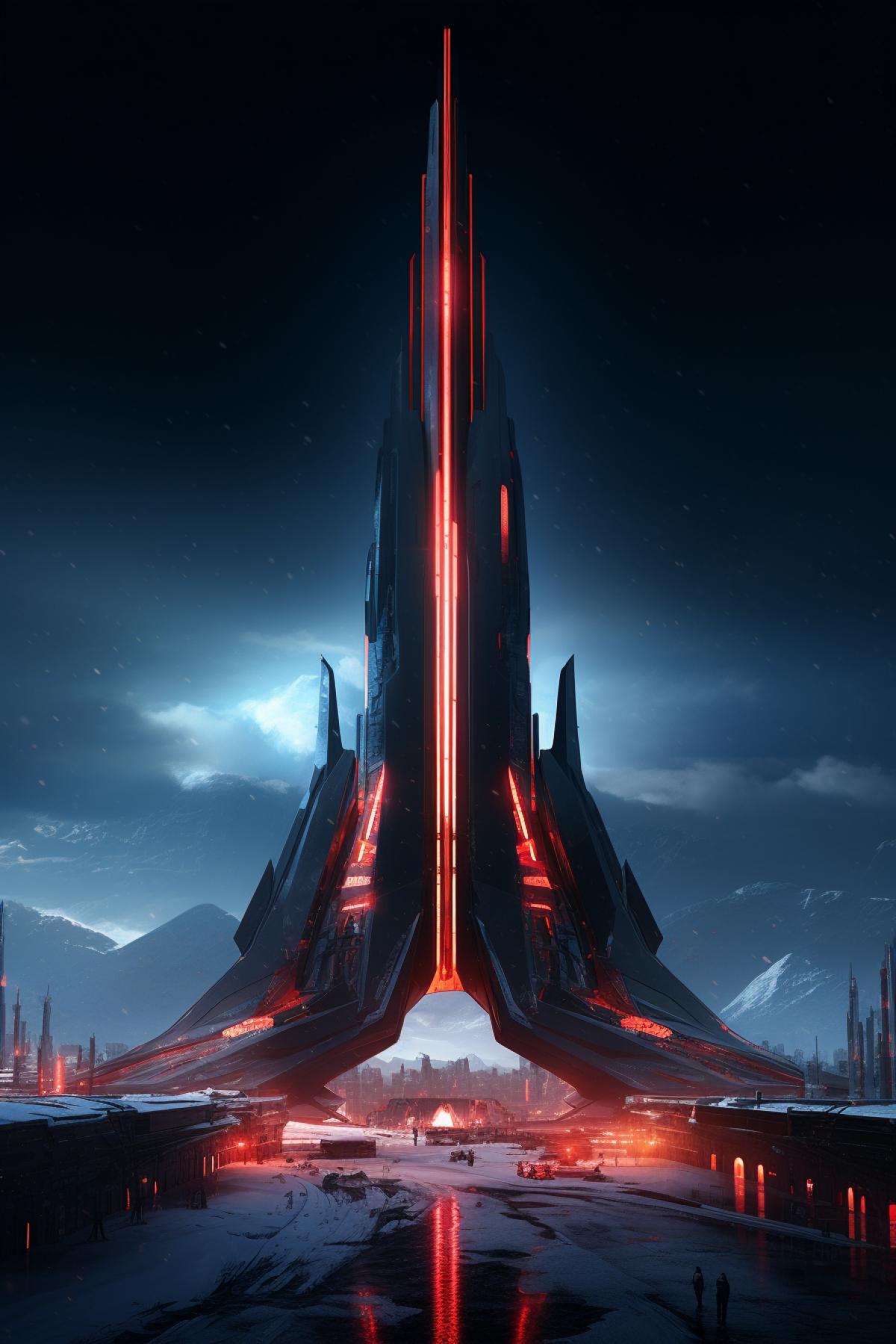 huge futuristic star wars-style building, dark building, red neon lights, stripes, dark, snow, frost