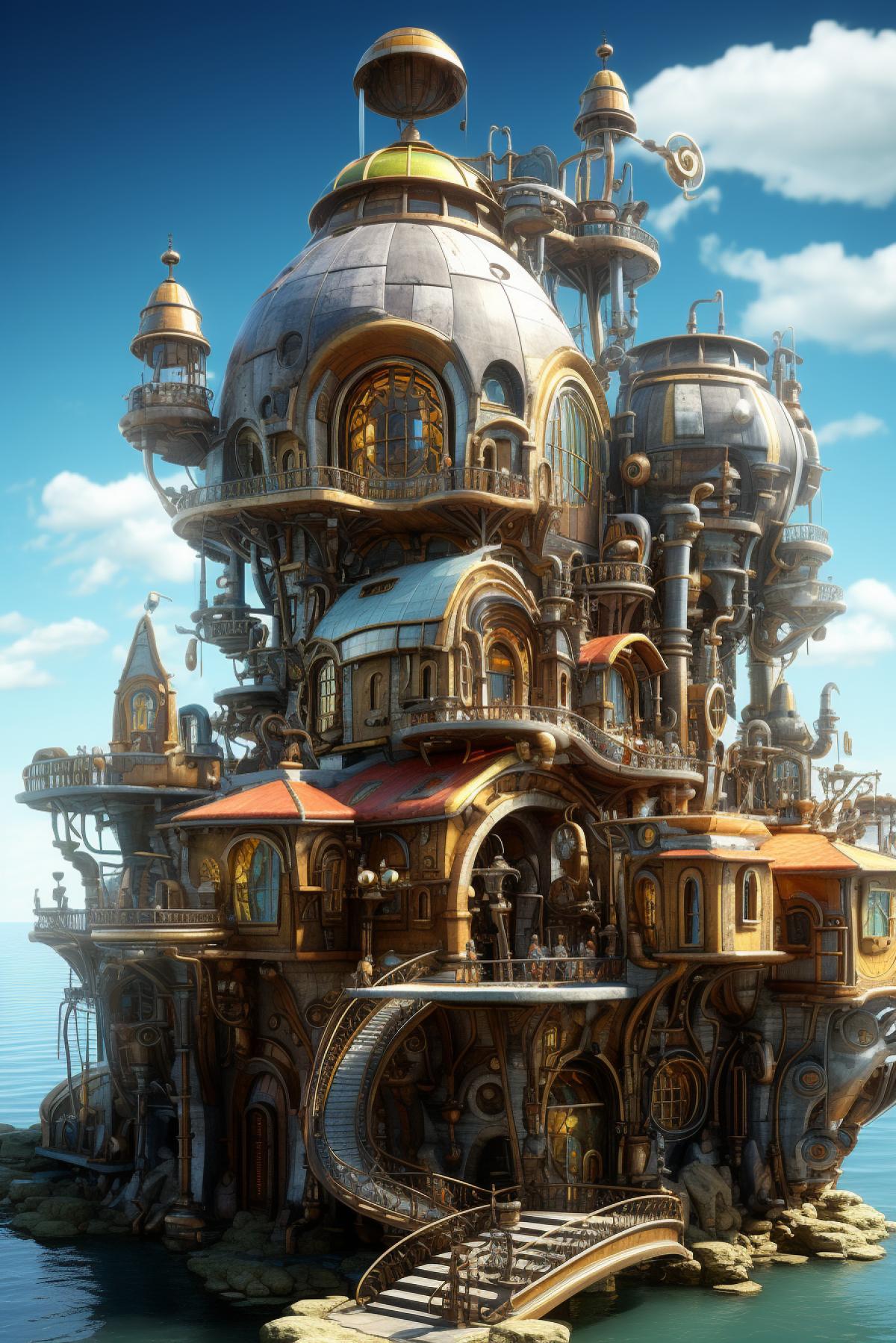 the Futuristic Steampunk Fantasy World on LSD, very trippy, futuristic steampunk fantasy houses, futuristic steampunk shops, futuristic steampunk fantasy plants, futuristic steampunk hot air balloon, futuristic steampunk structures, intricate detail , busy, imaginative, 4k, realistic lighting and shading