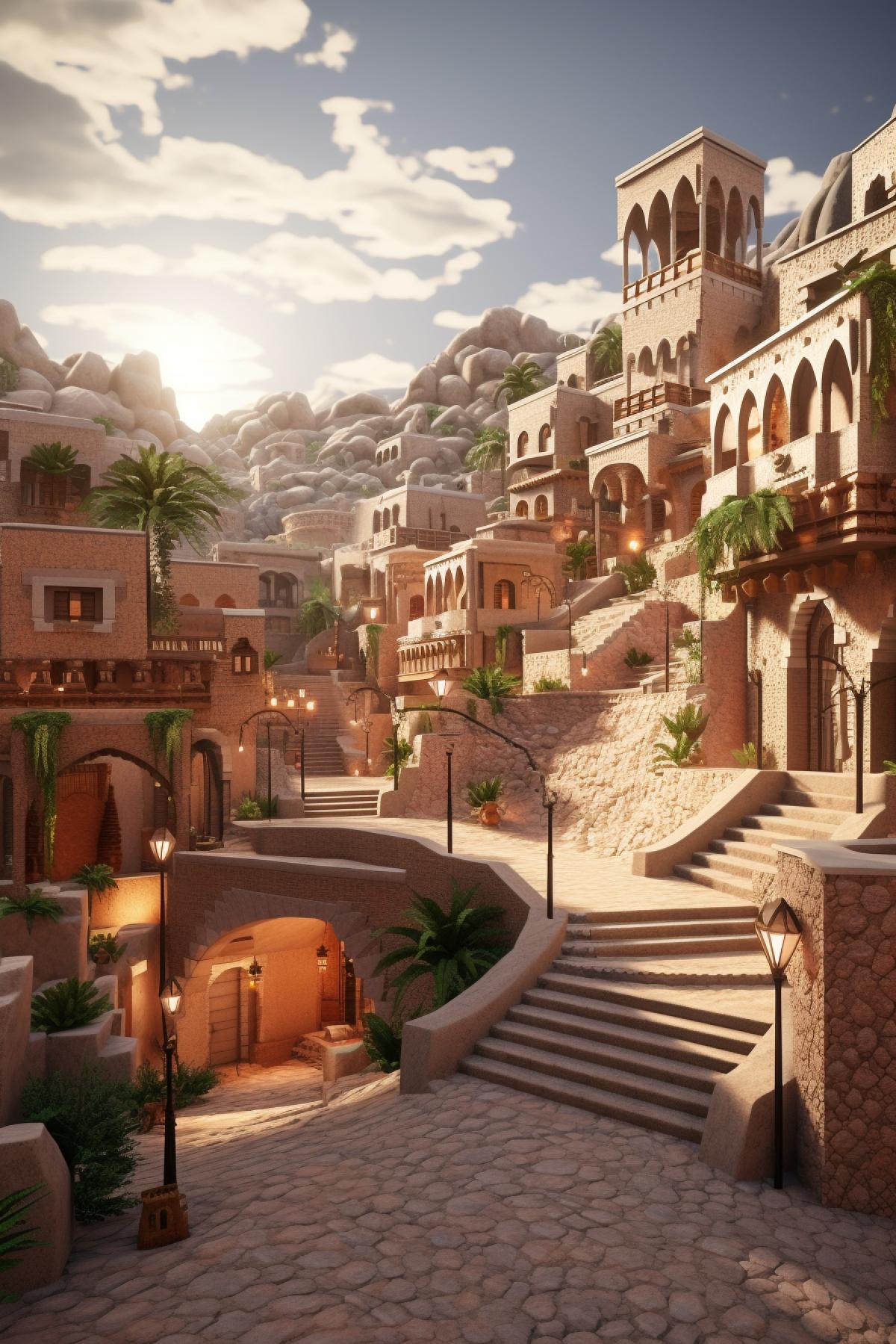Cascading streets and buildings of a desert mountain city, wide boulevards, engraved sandstone and mosaic tiles, arches, terraces, balconies, intricate detail, vibrant sky, soft lighting, beautiful com4k, 8k, photo realistic, render