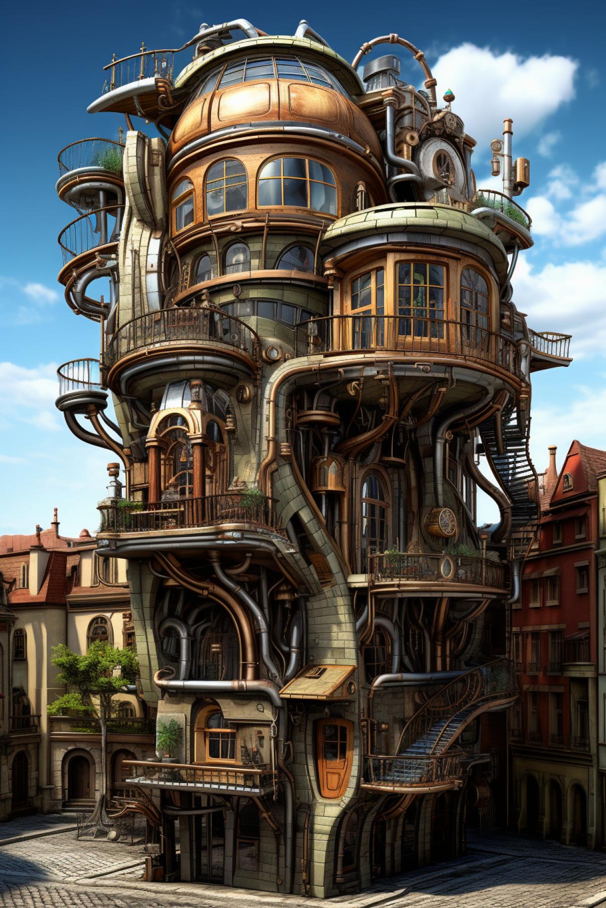 steampunk building designed by Escher and painted by Bob Eggleton, surreal, wireframe render, high resolution photograph, 3d