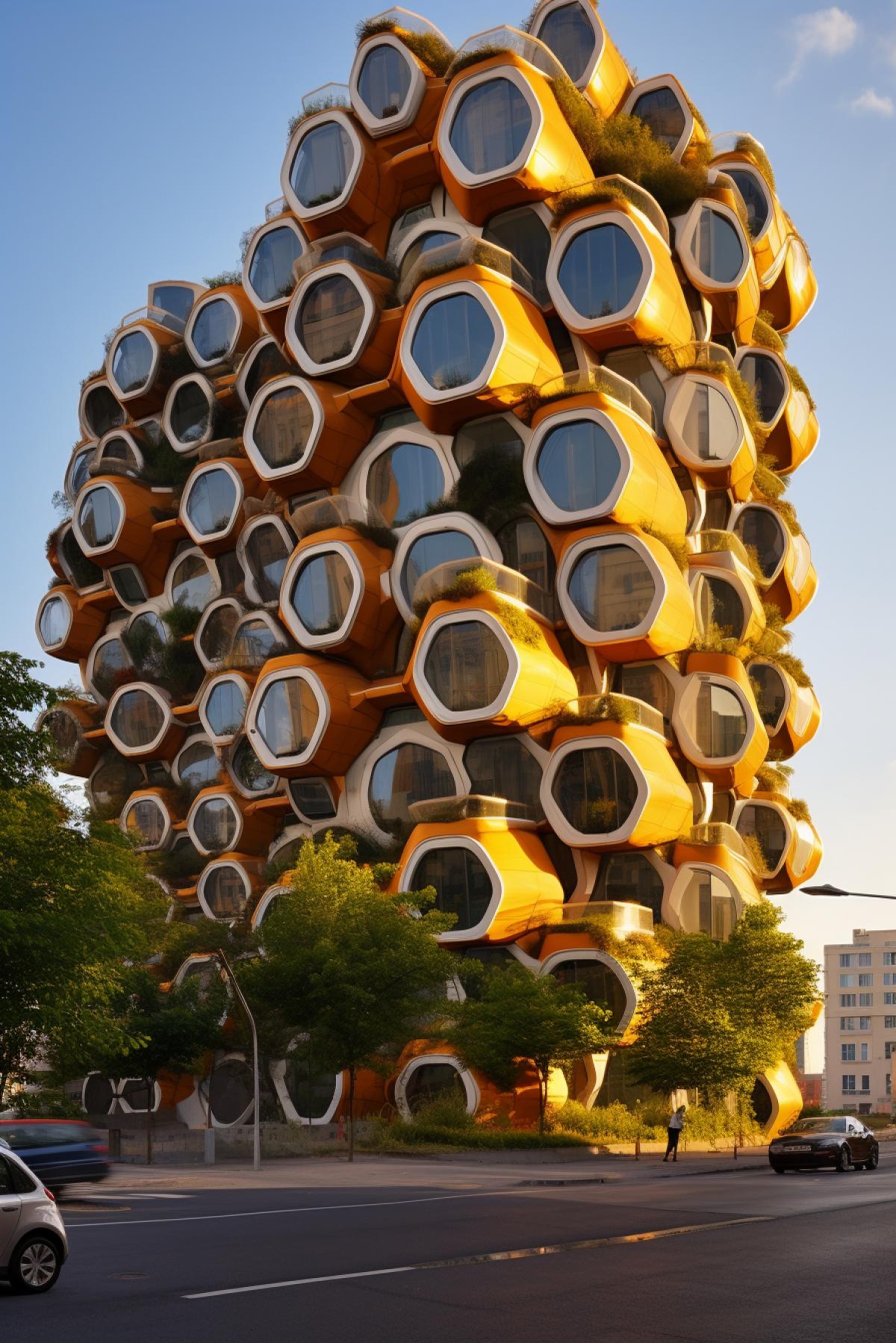 multi-storey building in a modern style built from honeycombs
