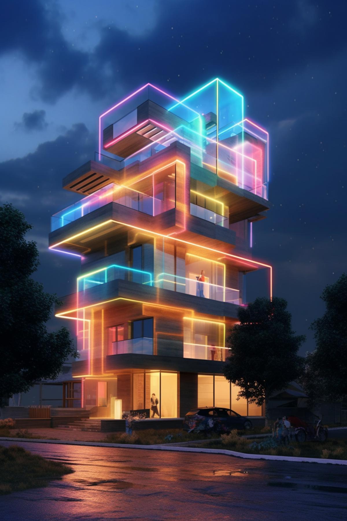 distant future, beautiful residential building for one family made of rainbow material, flying in the air, smooth lines, lighting, light, elegant, unusual and complex style of architecture