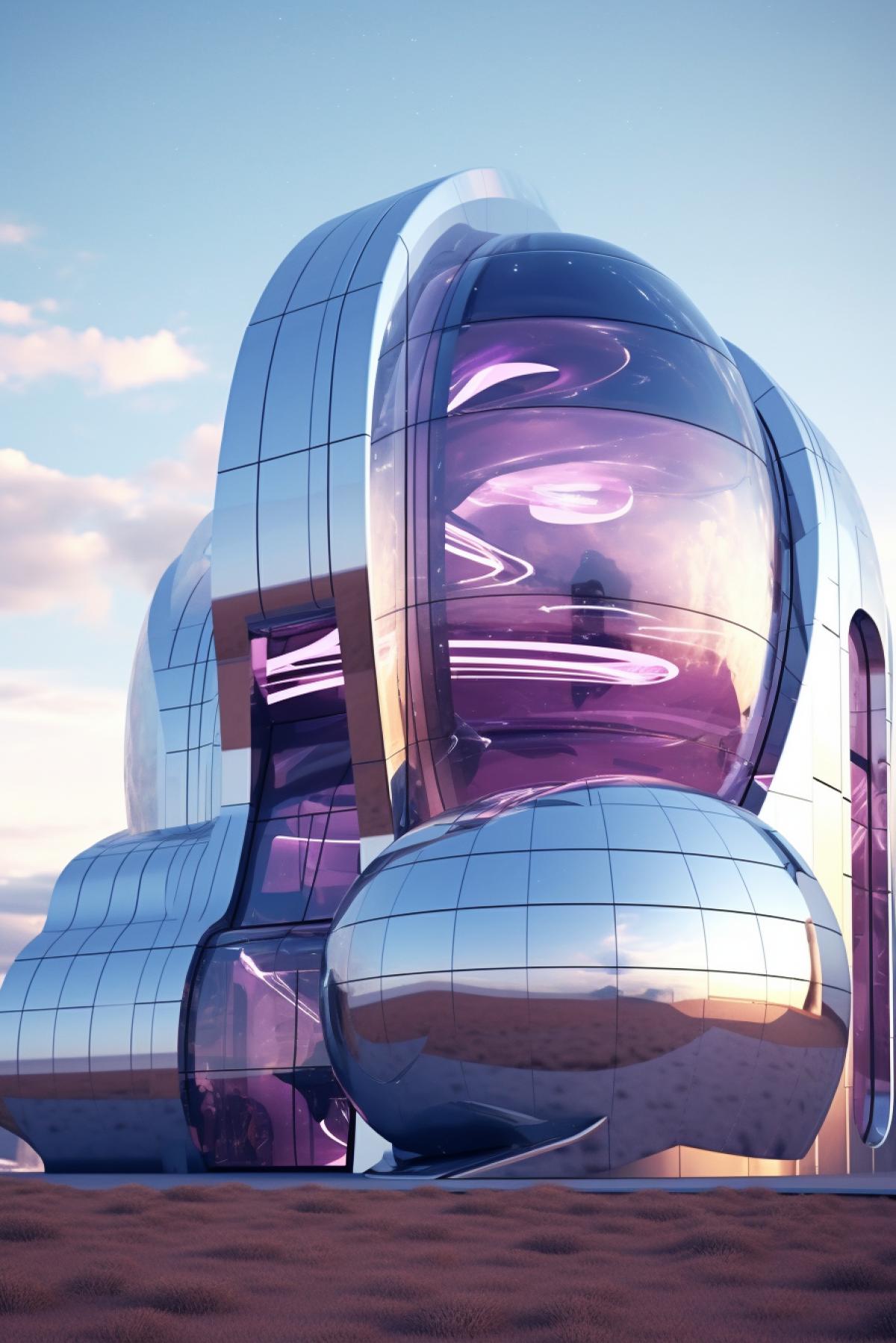 distant future, beautiful futuristic space laboratory building made of silver mirror material, with opal and amethyst windows, made of material, flying upward, smooth rounded lines, light, airy, elegant, unusual style of architecture