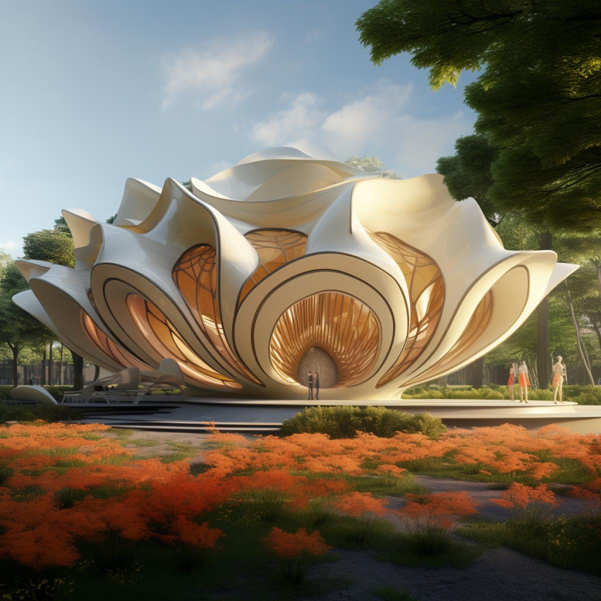 Iris Garden is a building inspired by natural shapes and colors and made from smart materials that can change their structure and shade, creating the impression of movement and liveliness.