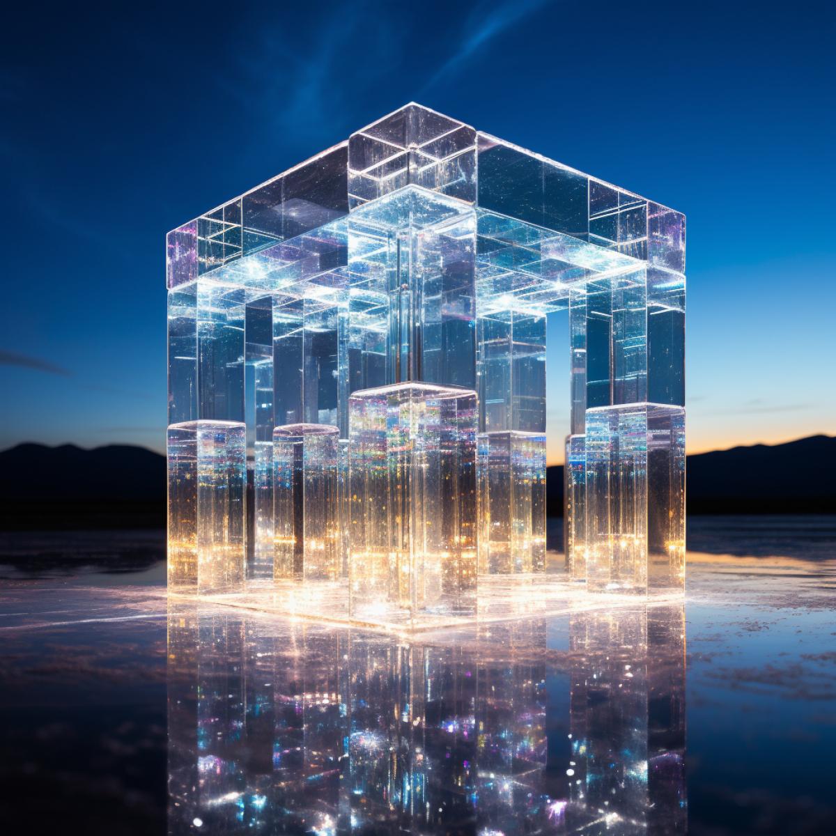 a building com4kd of clear crystals arranged in the shape of a cube, a symbol of courage and progress, and creating amazing light reflections.