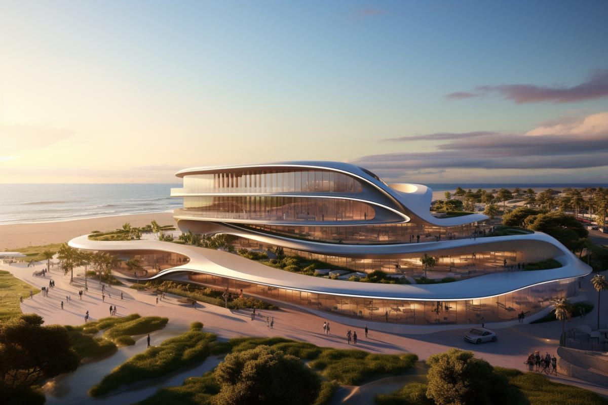 Wave of Courage is a huge coastal office building structure that combines residential, commercial and recreational areas, creating an exciting atmosphere and impressive ocean views.