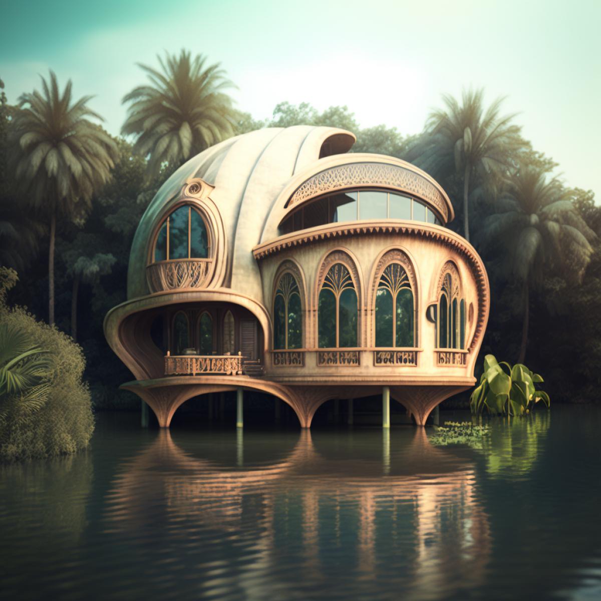 a house made of glin the shape of a nautilus shell, the house stands on stilts over clear water, with a tropical forest, palm trees and vines in the background