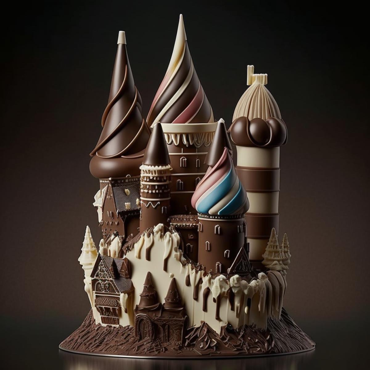 real photo of a castle built from dark and white chocolate and colored caramel