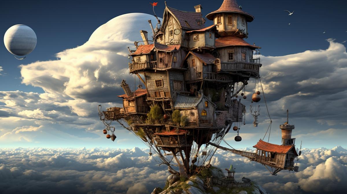 House of lost happy memories, surrealism, high quality, good detail, magic, atmosphere of mystery, steampunk elements, house in the sky