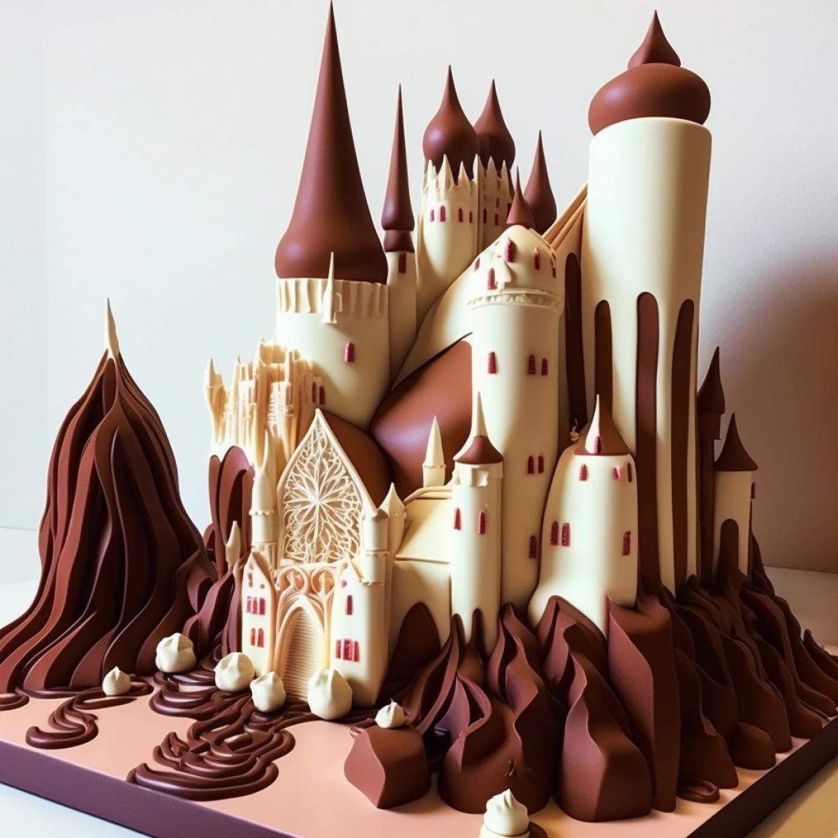 real photo of a castle built from dark and white chocolate and colored caramel