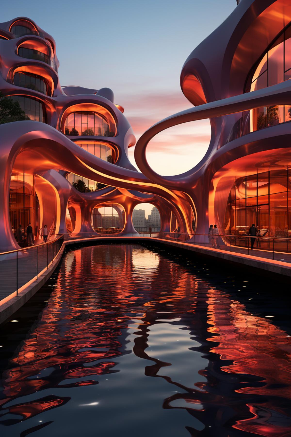Futuristic skyline, vibrant sunset hues, awe-inspiring, gravity-defying buildings reaching towards the sky, twisted and contorted shapes defying conventional architecture, transparent panels showcasing futuristic interiors, bustling drones flying between the buildings, a color palette of bold oranges and purples, a dynamic and grandiose com4k, in the style of Inception movie
