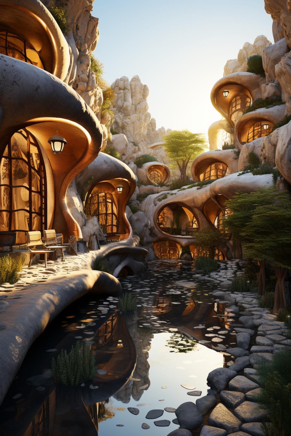 Coastal village, golden sunset casting a warm glow, enchanting, houses made of sustainable materials like bamboo and recycled wood, vertical gardens adorning the walls, wind turbines and solar panels generating clean energy, a color palette of soft blues and warm yellows, a harmonious and balanced com4k, in the style of artist Antoni Gaudí.