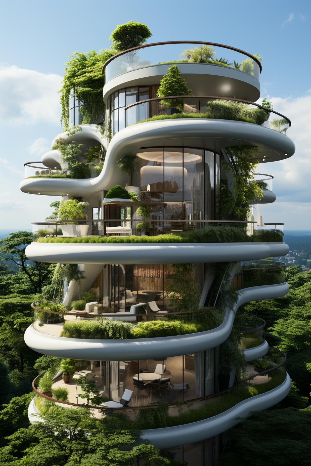 Innovative futuristic eco-friendly building, plants on the building, roof gardens, panoramic windows, high technology, breathtaking play of light, architecture, octane render