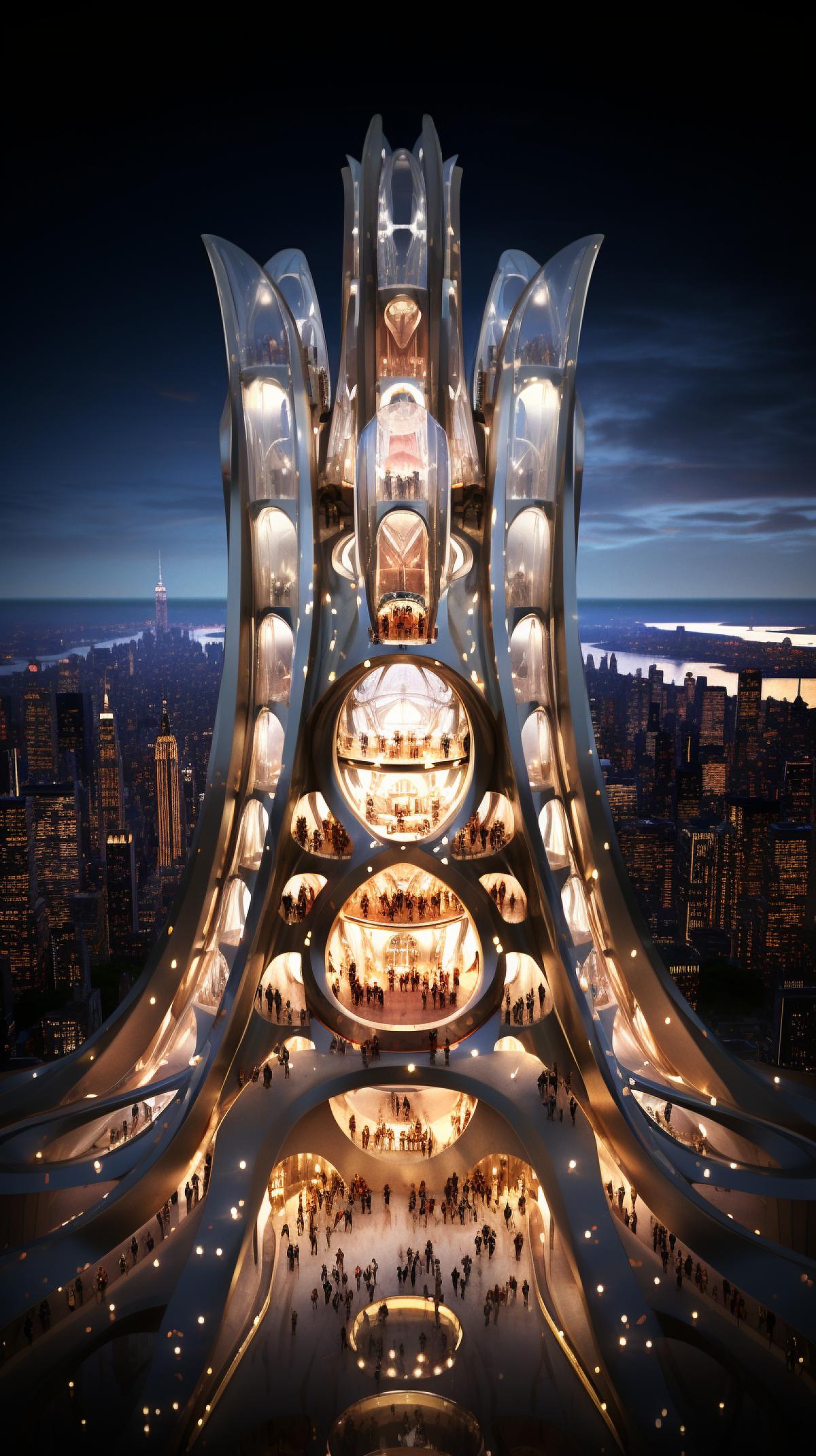 A futuristic glbuilding floating in the night sky above the city, high technology, breathtaking play of light
