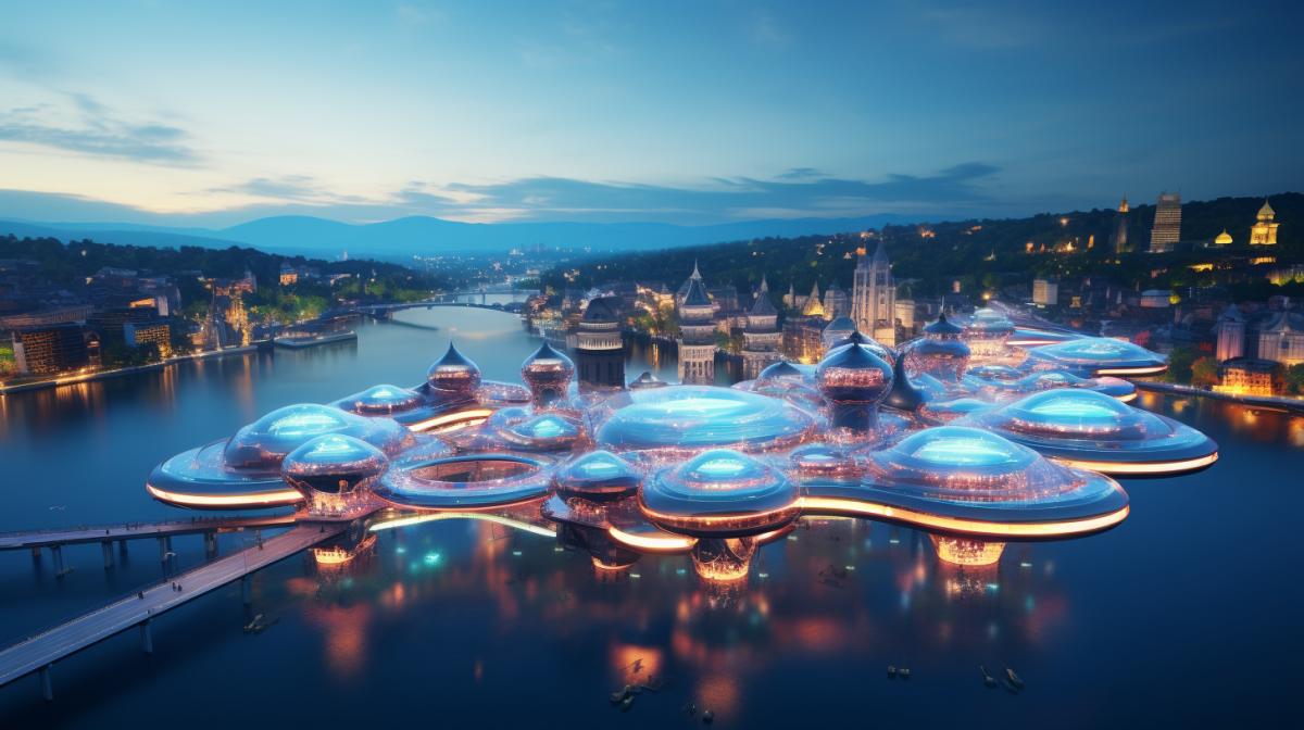 A futuristic glbuilding floating in the night sky above the city, high technology, breathtaking play of light