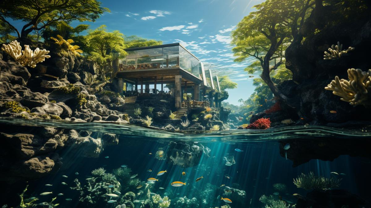 point of view shot of the crystal clear waters tropical sea, Futuristic glbuilding submerged underwater, tropical fish swimming around, building verandahs rising above the water, roof garden, crabs, fish, starfish are visible under water, photorealistic, highly detailed, 8k
