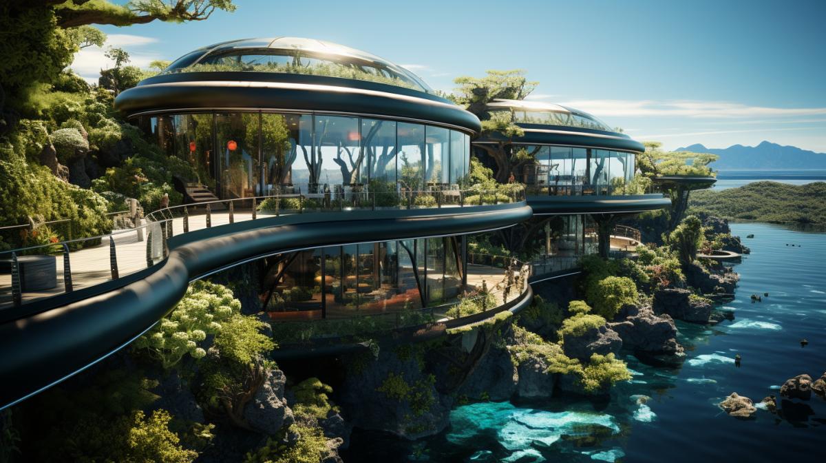 point of view shot of the crystal clear waters tropical sea, Futuristic glbuilding submerged underwater, tropical fish swimming around, building verandahs rising above the water, roof garden, crabs, fish, starfish, Panoramic windows, are visible under water, photorealistic, highly detailed, 8k