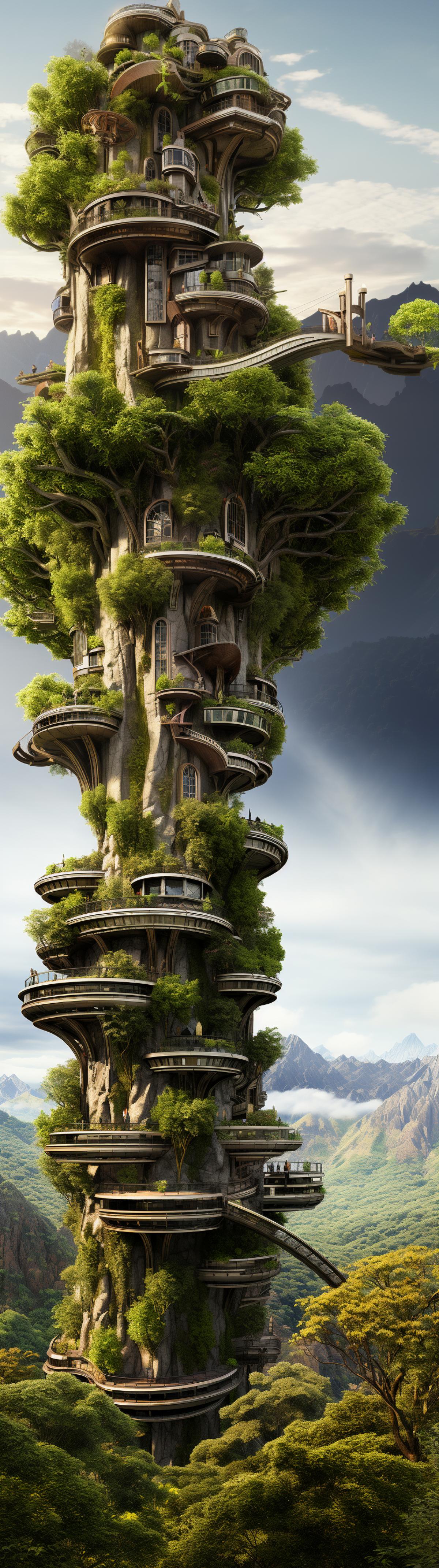 Futuristic building made out of a giant live tree, photorealistic, highly detailed, 8k