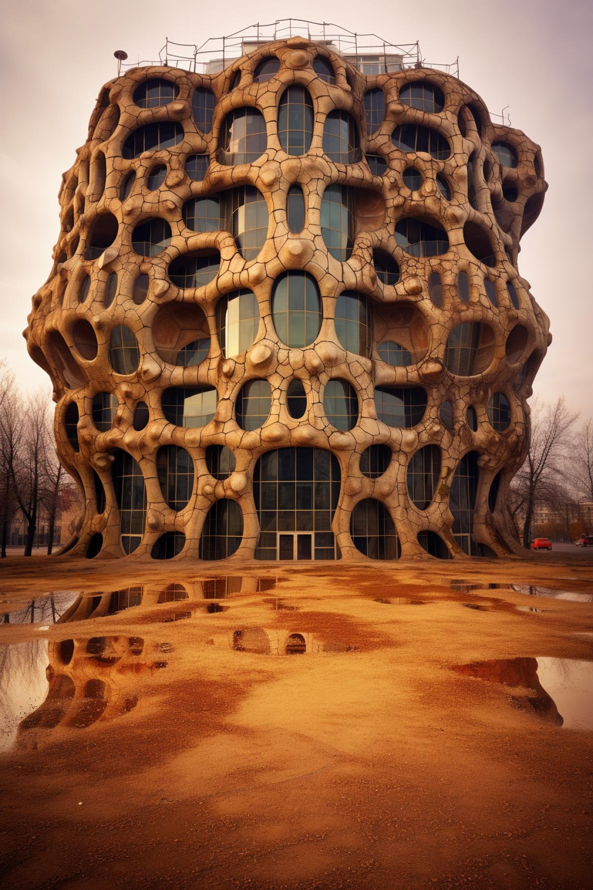 building in the form of an anthill, large windows, metallic color, rich colors, photography