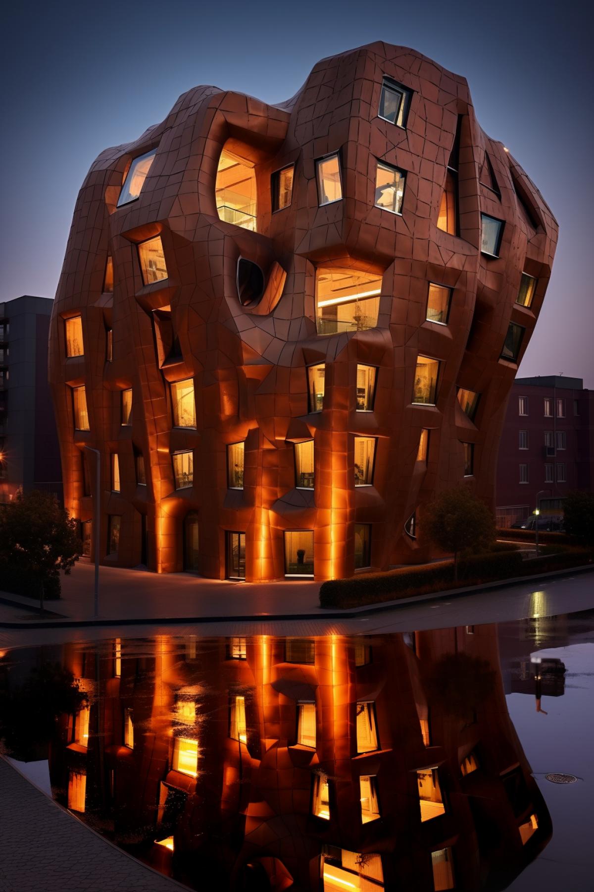 building in the form of an anthill, large windows, metallic color, rich colors, lighting, photography