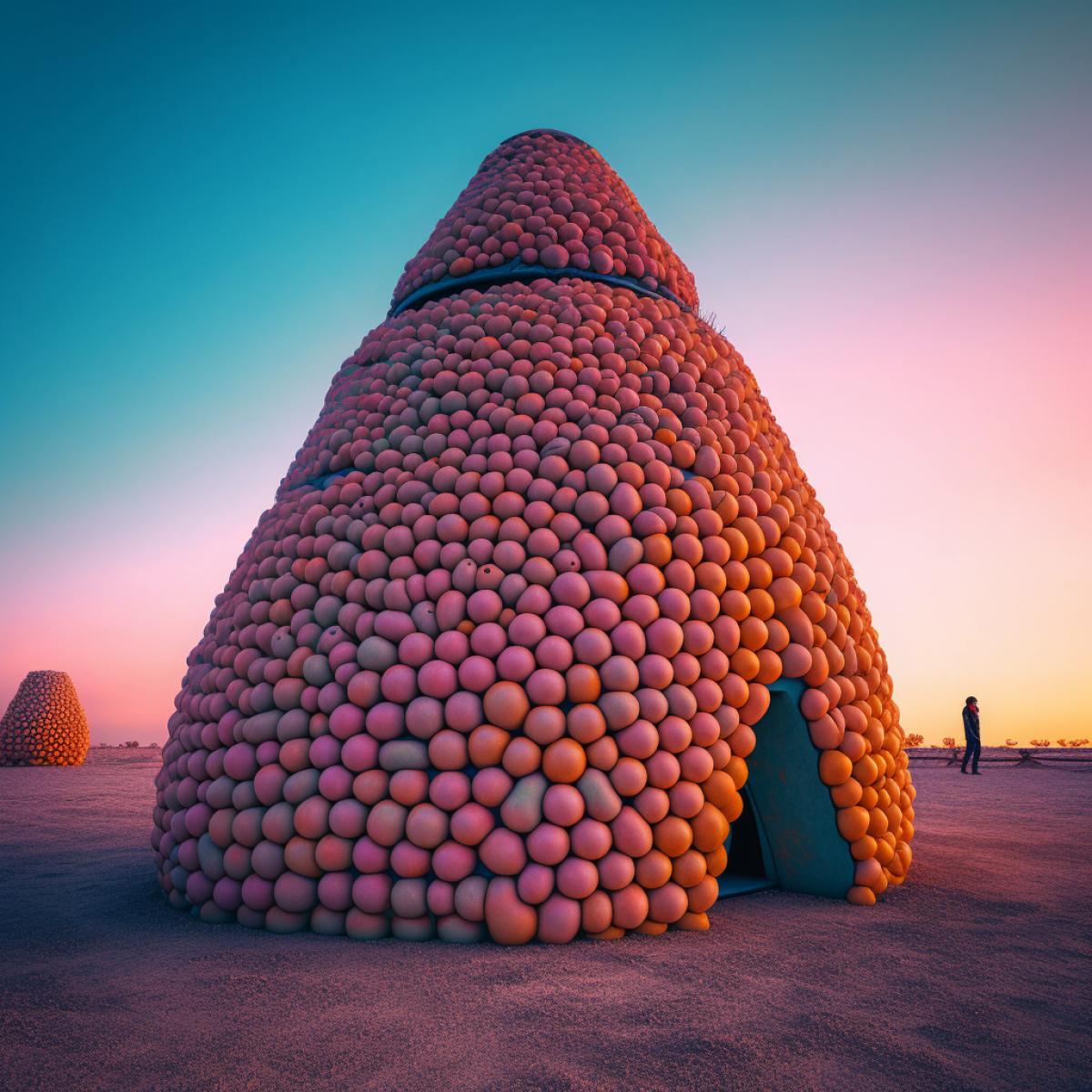 building in the form of an anthill, metallic color, bright saturated colors, Dawn, photography
