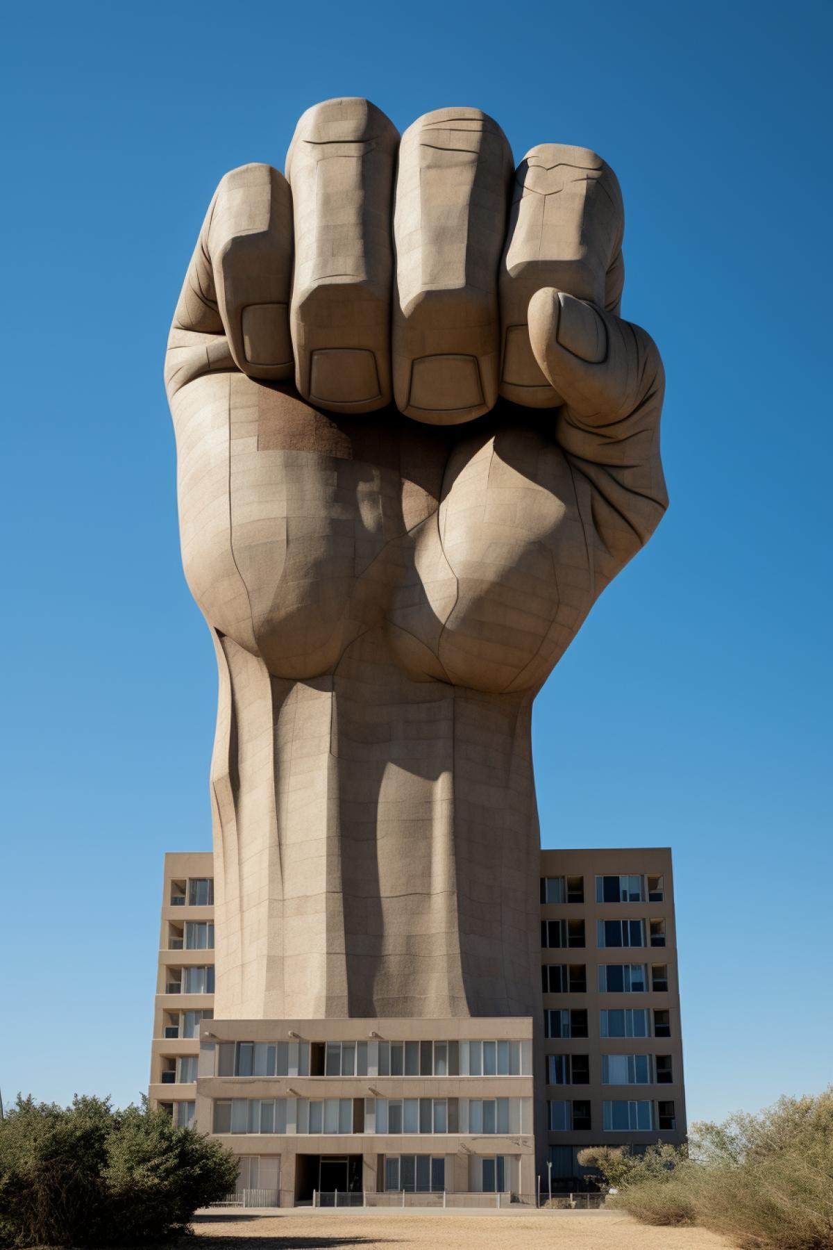 Building in the shape of a huge fist