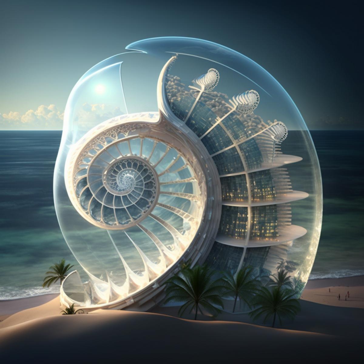 transparent building forming nautilus shell constructed on piles over the sea, megastructure, multiverse, tropical forest in background