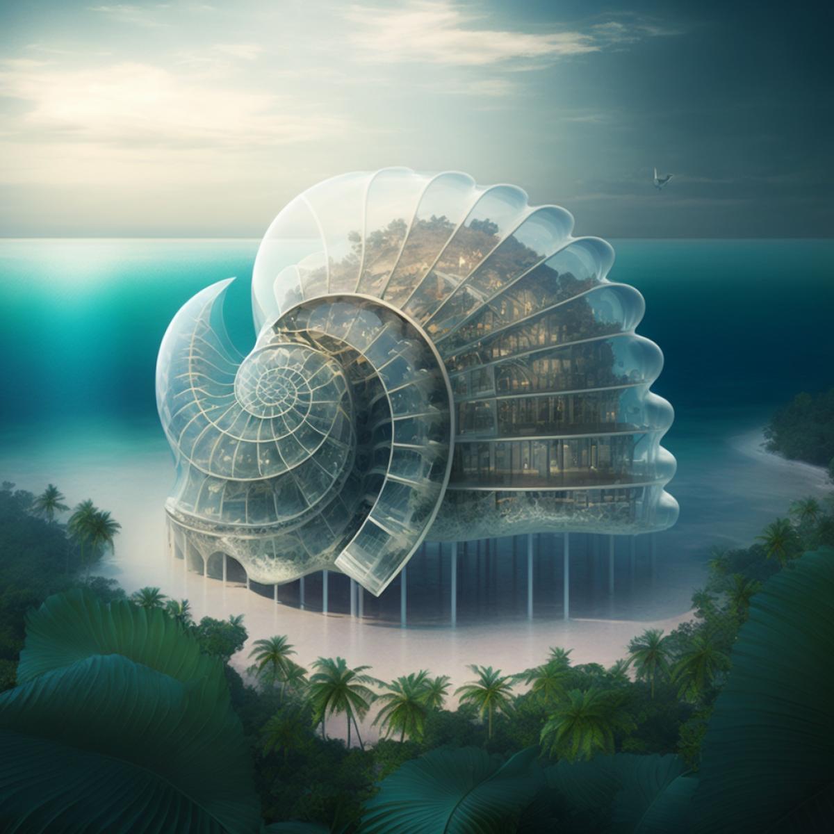 transparent building forming nautilus shell constructed on piles over the sea, megastructure, multiverse, tropical forest in background