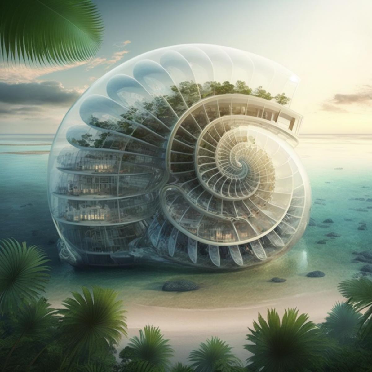transparent building forming nautilus shell constructed on piles over the sea, megastructure, multiverse, tropical forest in background