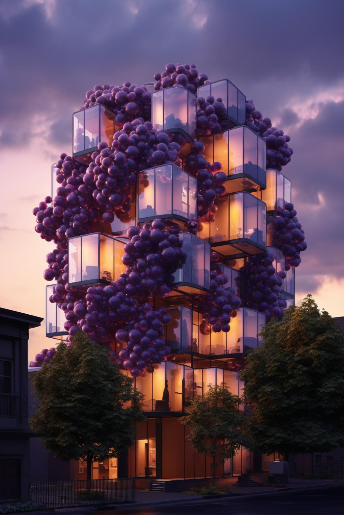 Building in the form of a bunch of grapes, transparency, glare