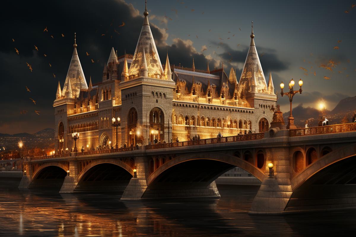 amazingly beautiful bridge across the river, built up with beautiful buildings in the Art Nouveau style, of various heights, bizarre window and roof shapes, with turrets and spiers, evening ancient cozy city, light from windows, shop windows and stars, beauty and harmony, comfort, tranquility and joy