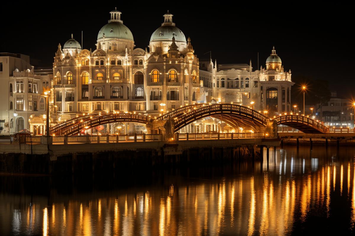 amazingly beautiful bridge across the river, built up with beautiful buildings in the Art Nouveau style, of various heights, bizarre window and roof shapes, with turrets and spiers, evening ancient cozy city, light from windows, shop windows and stars, beauty and harmony, comfort, tranquility and joy